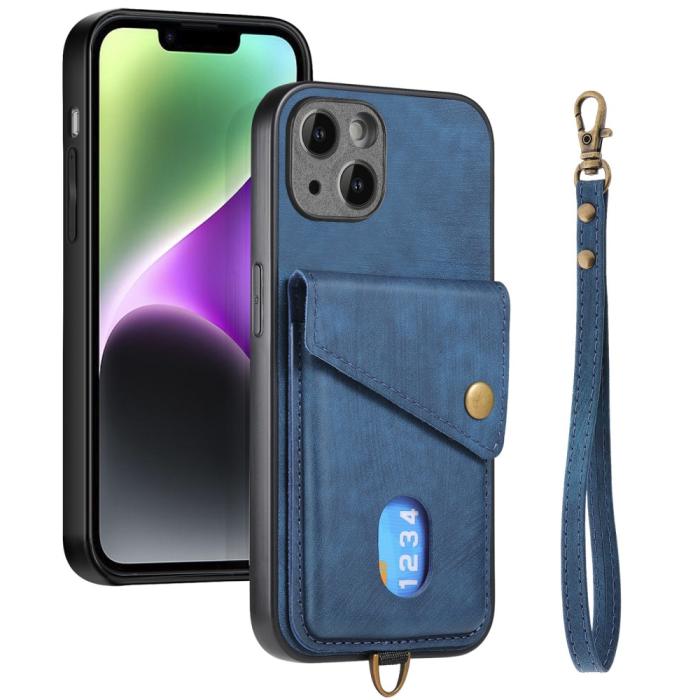 Bild 2,  iPhone 15 Plus Skal Retro Läder Med Kortfack Blå