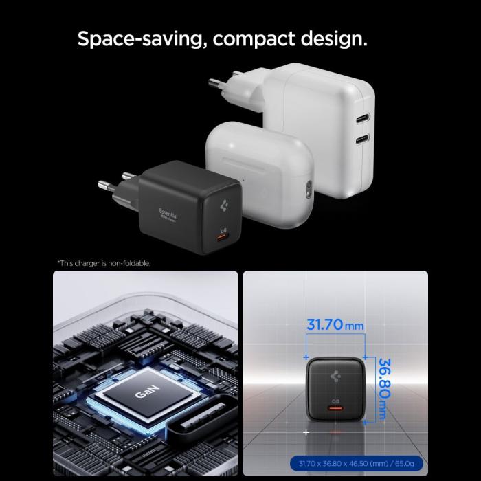 Bild 3, Spigen Spigen 45W Väggladdare Inkl. USB-C Kabel Essential Svart