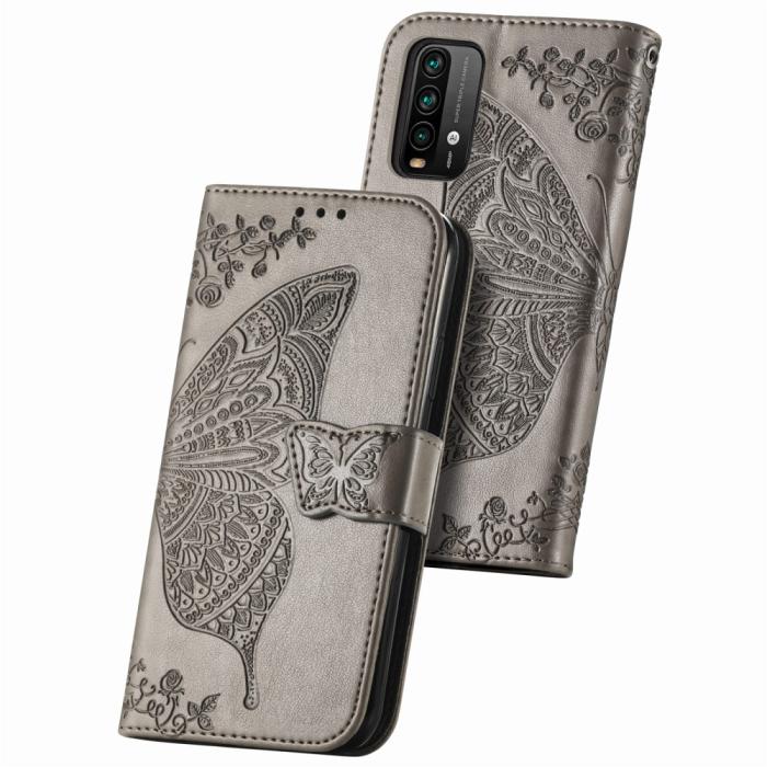 Bild 2,  Xiaomi Redmi 9T - Butterfly Läder Fodral - Grå