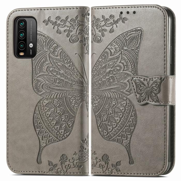 Bild 3,  Xiaomi Redmi 9T - Butterfly Läder Fodral - Grå