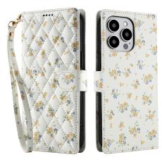  iPhone 16 Pro Max Fodral Rhombus L&auml;der Blommor Vit