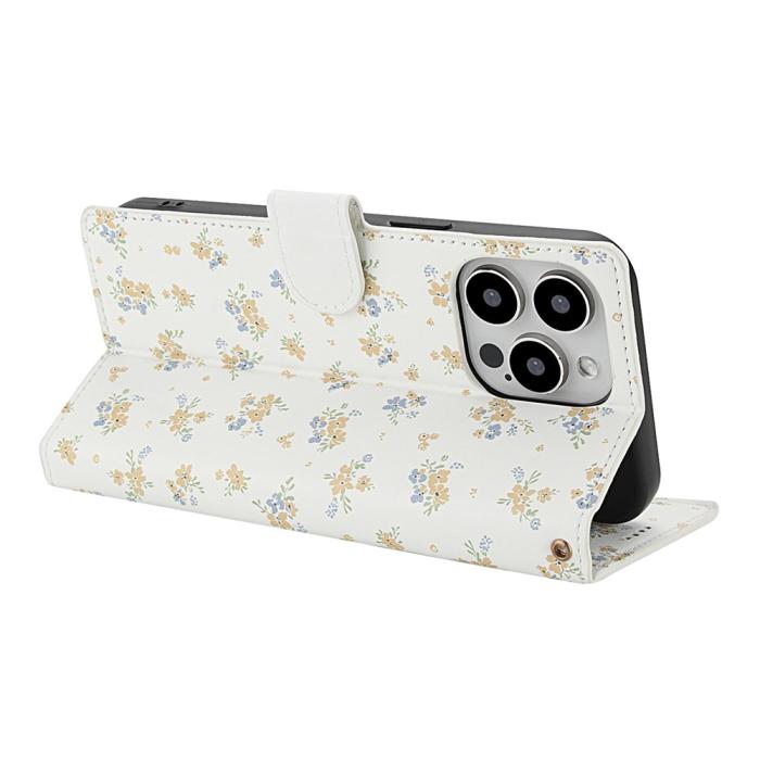 Bild 3,  iPhone 16 Pro Max Fodral Rhombus Läder Blommor Vit