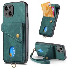  iPhone 15 Plus Skal Retro L&auml;der Med Kortfack Gr&ouml;n