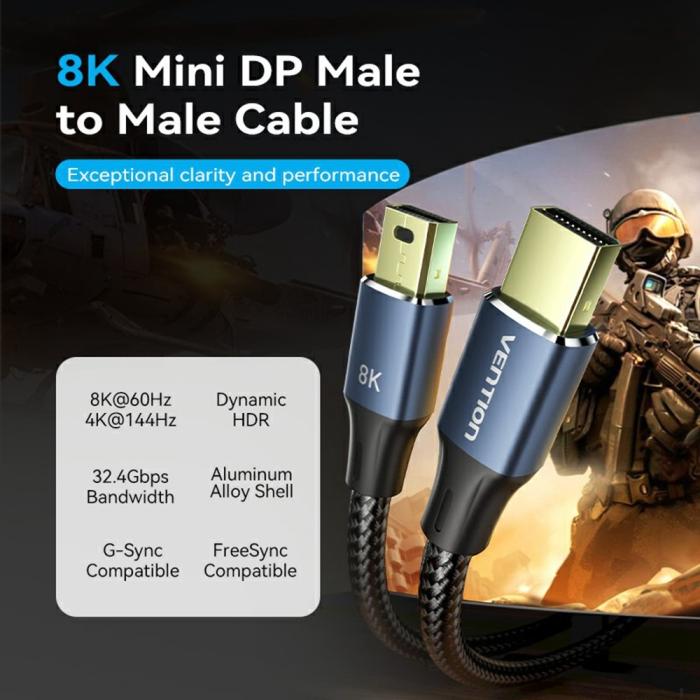 Bild 2,  1.5 m Mini DisplayPort Hane 8k 60Hz / 4K 144Hz Kabel Svart