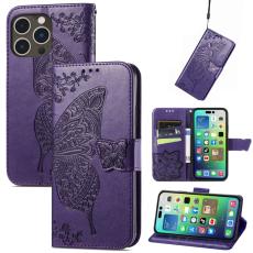  iPhone 15 Pro Fodral L&auml;der Tryckt Fj&auml;ril M&ouml;rk Lila