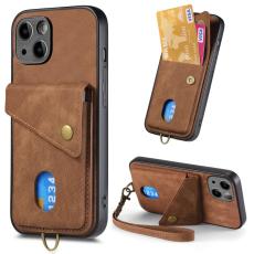  iPhone 15 Plus Skal Retro L&auml;der Med Kortfack Brun