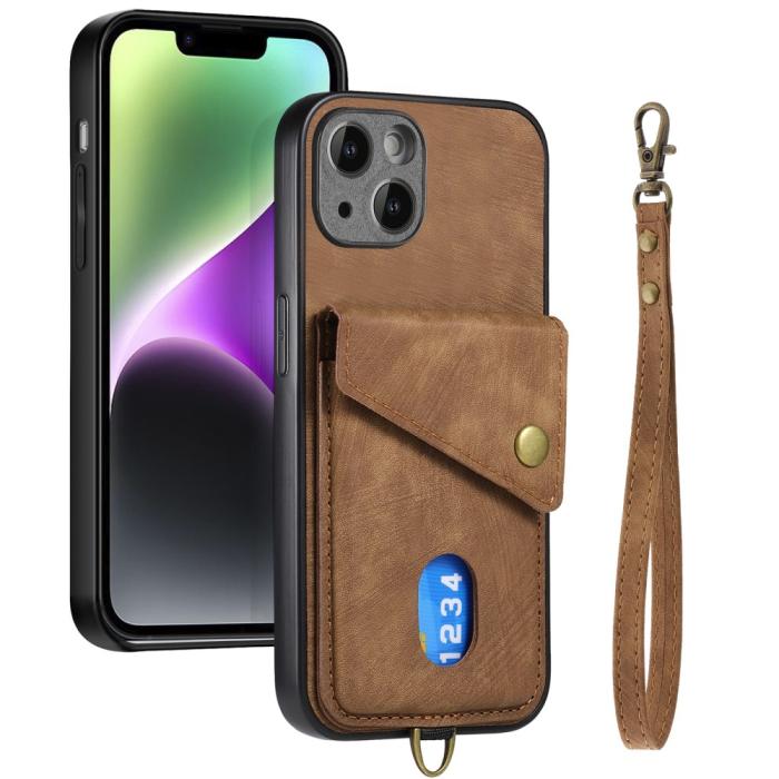 Bild 2,  iPhone 15 Plus Skal Retro Läder Med Kortfack Brun