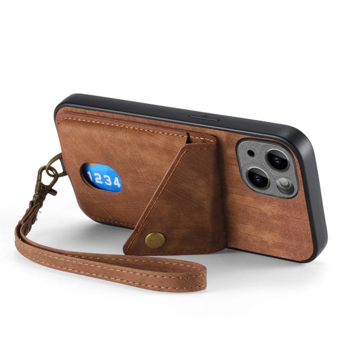 Bild 3,  iPhone 15 Plus Skal Retro Läder Med Kortfack Brun
