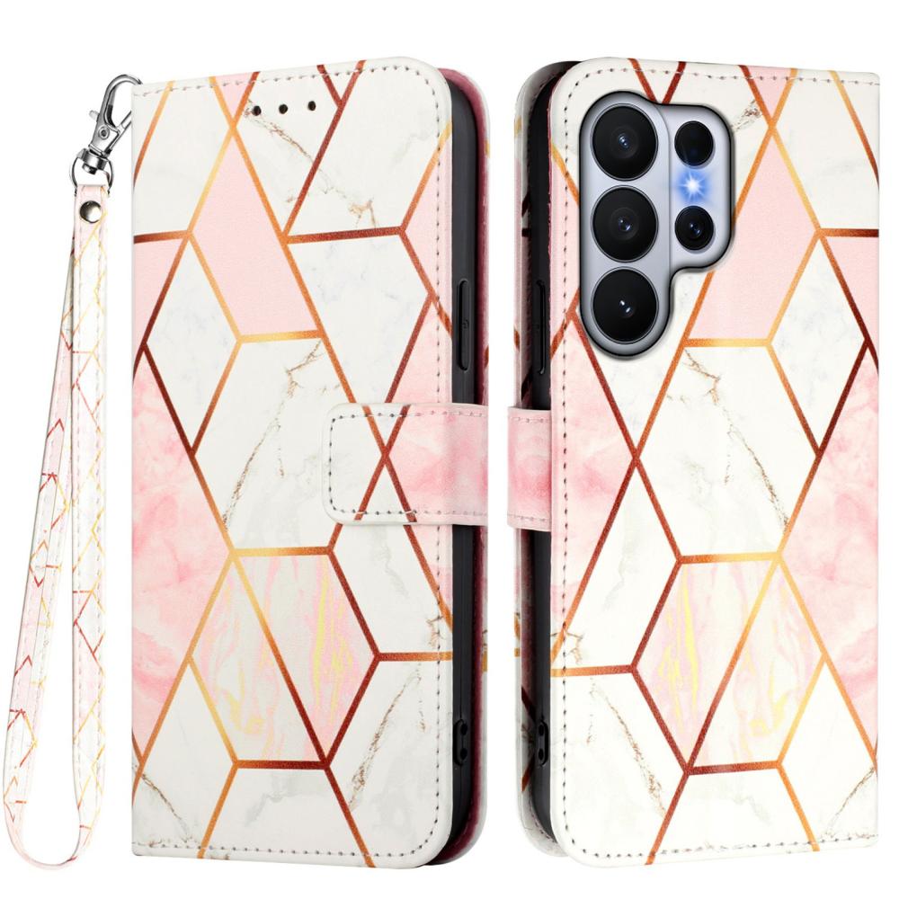  Samsung Galaxy S26 Ultra Fodral Läder Marmor Rosa / Vit