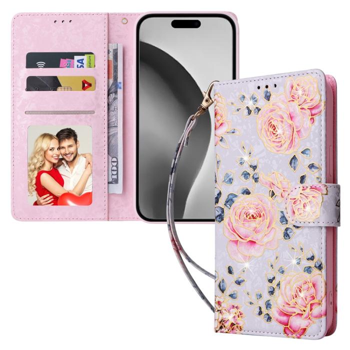 Bild 5,  iPhone 16 Pro Max Fodral RFID Läder Rosa Blommor