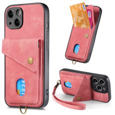  iPhone 15 Plus Skal Retro L&auml;der Med Kortfack Rosa