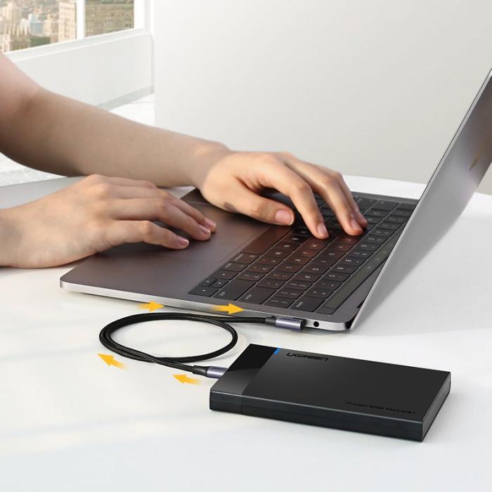 Bild 5, UGREEN Ugreen 1m 60W 3A Elbow USB-C - USB-C Flätad Nylon Kabel - Svart/Grå