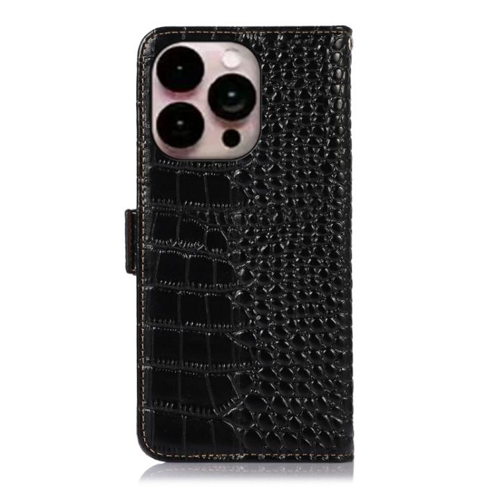 Bild 3,  iPhone 14 Pro Max Fodral Äkta Läder Krokodil Textur Svart