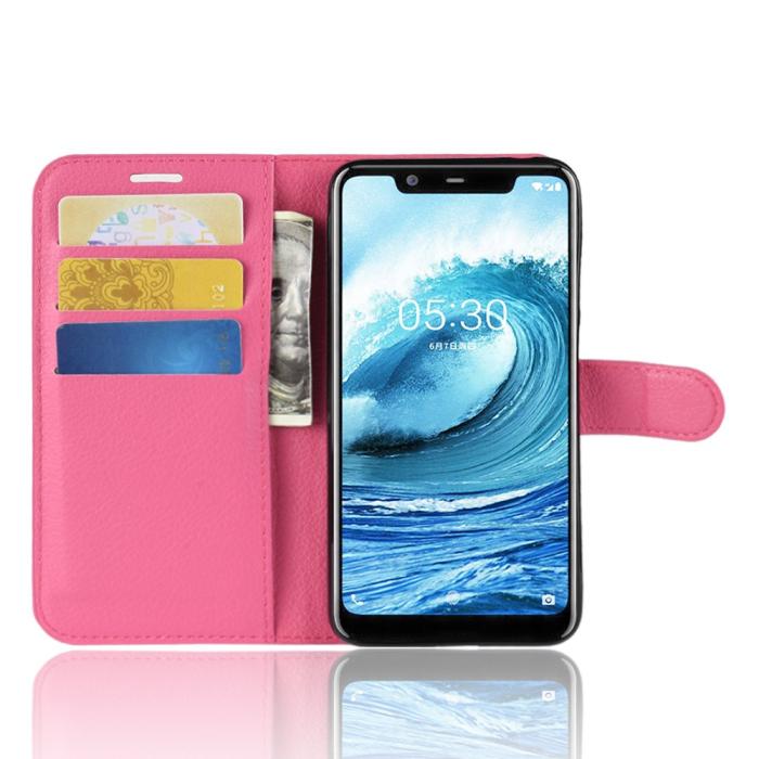 Bild 5,  Nokia 5.1 Plus - Litchi Plånboksfodral - Rosa