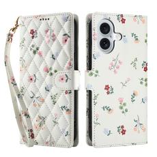  iPhone 16 Fodral Rhombus L&auml;der Blommor Vit