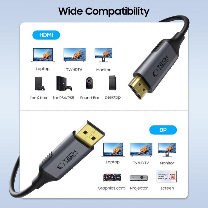 Bild 2, Tech-Protect Tech-Protect 2m DisplayPort - HDMI 2.0 4K 60Hz Kabel UltraBoost