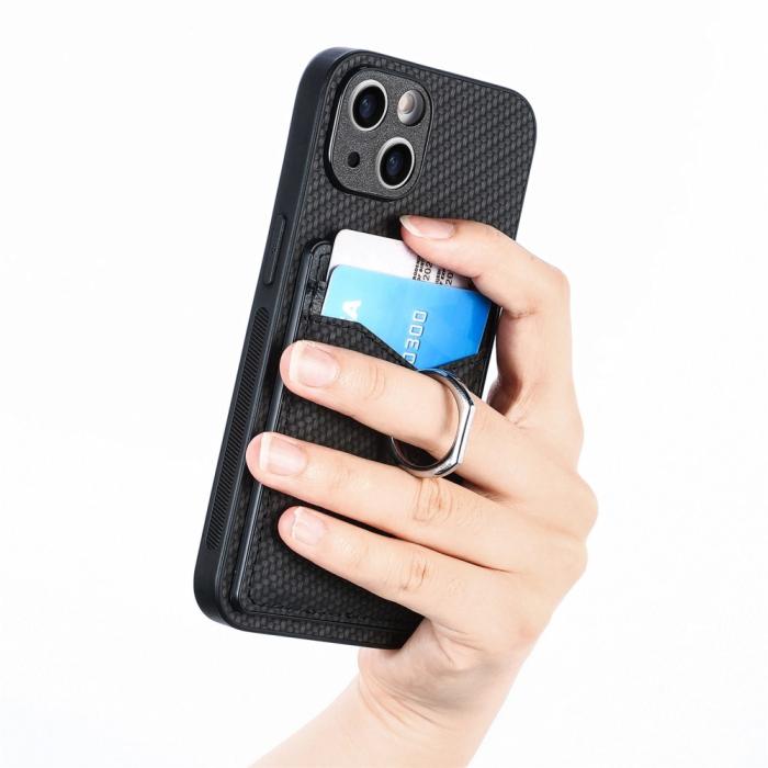 Bild 4,  iPhone 15 Plus Skal Kolfiber Textur Ring Kortfack Svart