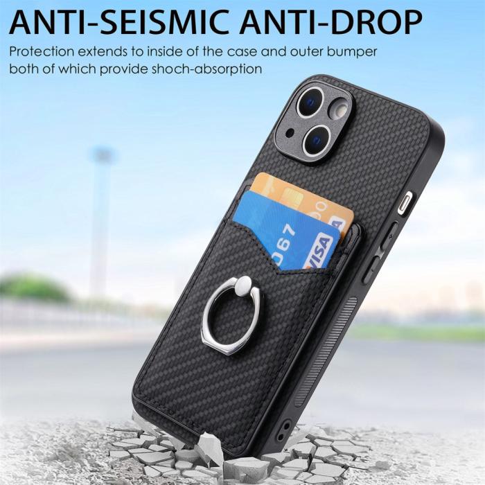 Bild 5,  iPhone 15 Plus Skal Kolfiber Textur Ring Kortfack Svart
