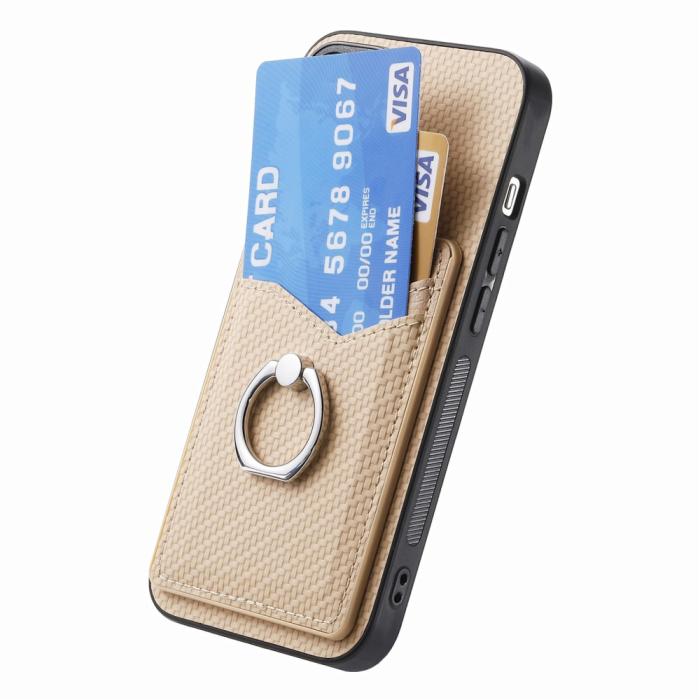 Bild 3,  iPhone 15 Plus Skal Kolfiber Textur Ring Kortfack Aprikos
