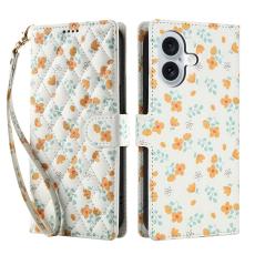  iPhone 16 Fodral Rhombus L&auml;der Blommor Vit