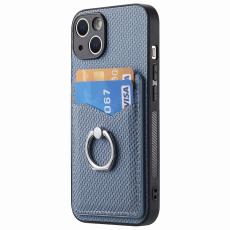  iPhone 15 Plus Skal Kolfiber Textur Ring Kortfack Bl&aring;