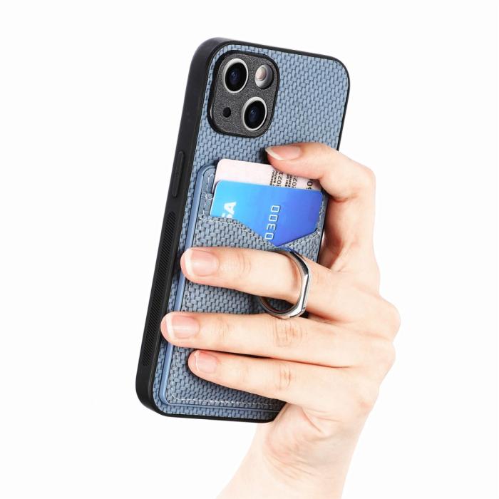 Bild 4,  iPhone 15 Plus Skal Kolfiber Textur Ring Kortfack Blå