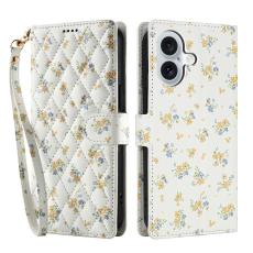  iPhone 16 Fodral Rhombus L&auml;der Blommor Vit