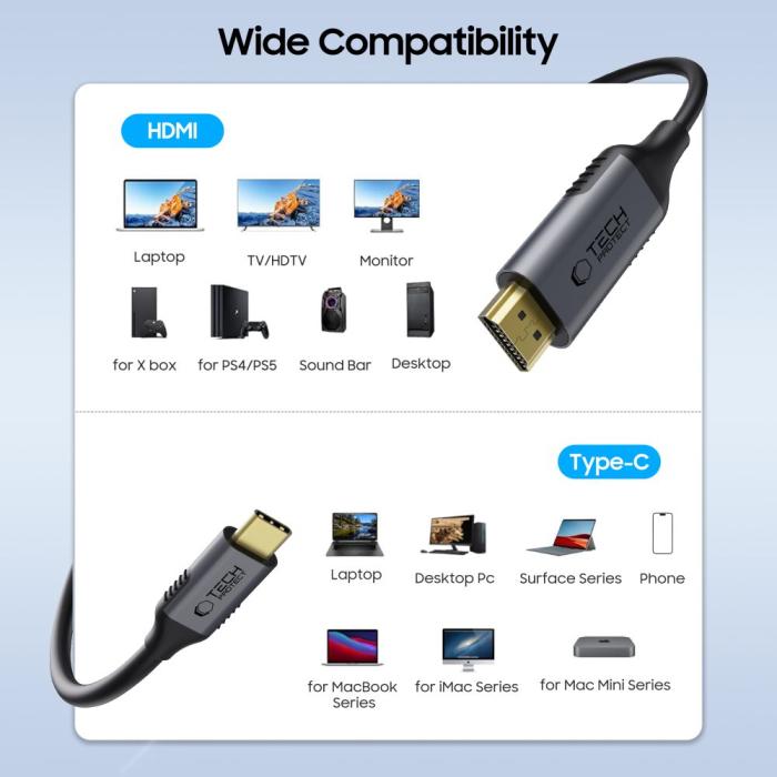 Bild 2, Tech-Protect Tech-Protect 1.8m 4K 60Hz USB-C - HDMI 2.0 Kabel UltraBoost