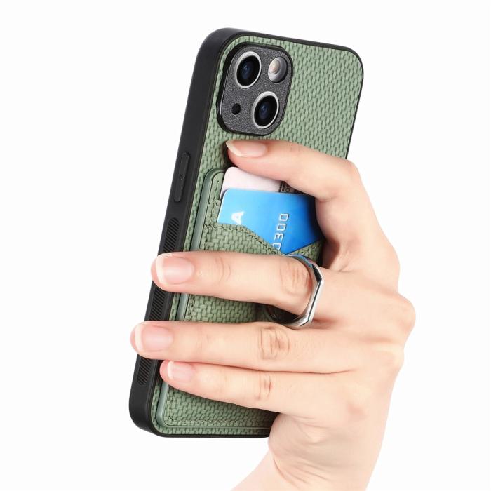 Bild 4,  iPhone 15 Plus Skal Kolfiber Textur Ring Kortfack Grön