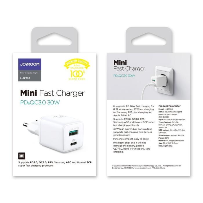 Bild 6, JOYROOM Joyroom 30W PD QC USB-C / USB-A Väggladdare Vit