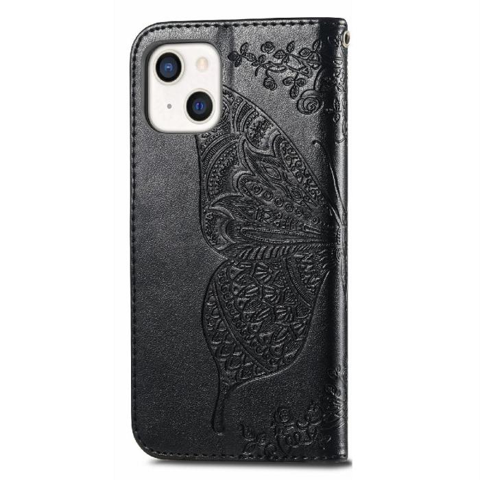 Bild 2,  iPhone 13 - Butterfly Print Läder Fodral - Svart