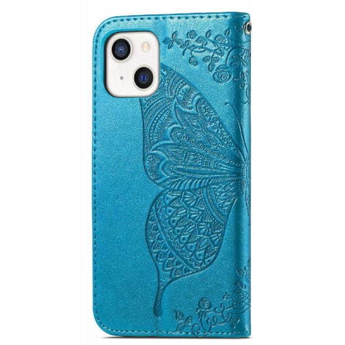 Bild 3,  iPhone 13 - Butterfly Print Läder Fodral - Blå