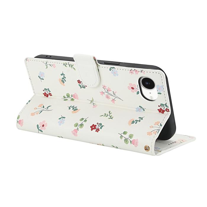 Bild 3,  iPhone 17e / 16e Fodral Rhombus Läder Blommor Vit