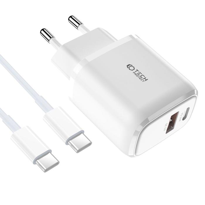 Bild 2, Tech-Protect Tech-Protect 20W Väggladdare PD Inkl. USB-C - USB-C Kabel Vit