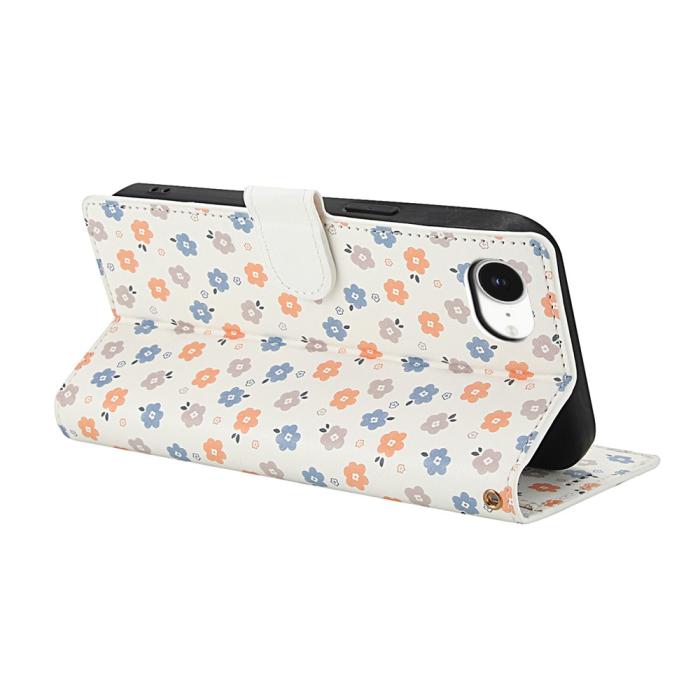 Bild 3,  iPhone 17e / 16e Fodral Rhombus Läder Blommor Vit
