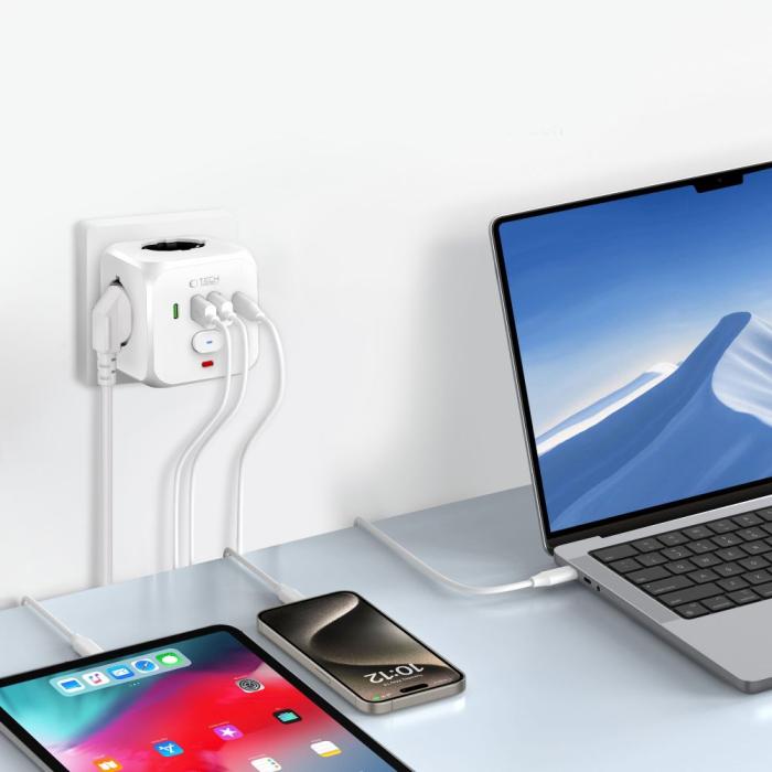 Bild 3, Tech-Protect Tech-Protect Grendosa Med 3x Eluttag 2x USB-C + 2x USB-A Vit