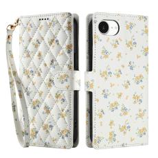  iPhone 17e / 16e Fodral Rhombus L&auml;der Blommor Vit