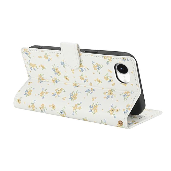 Bild 3,  iPhone 17e / 16e Fodral Rhombus Läder Blommor Vit