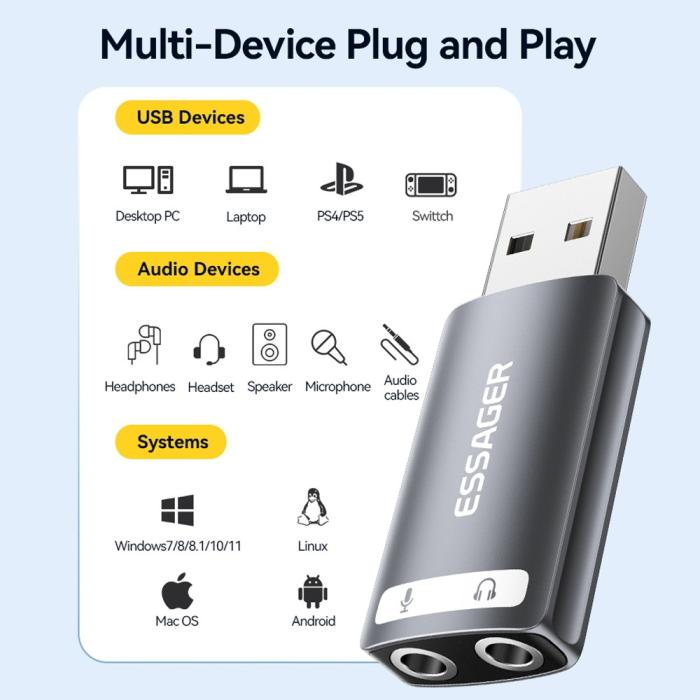 Bild 5, ESSAGER ESSAGER USB-A till 2x AUX 3.5mm Adapter