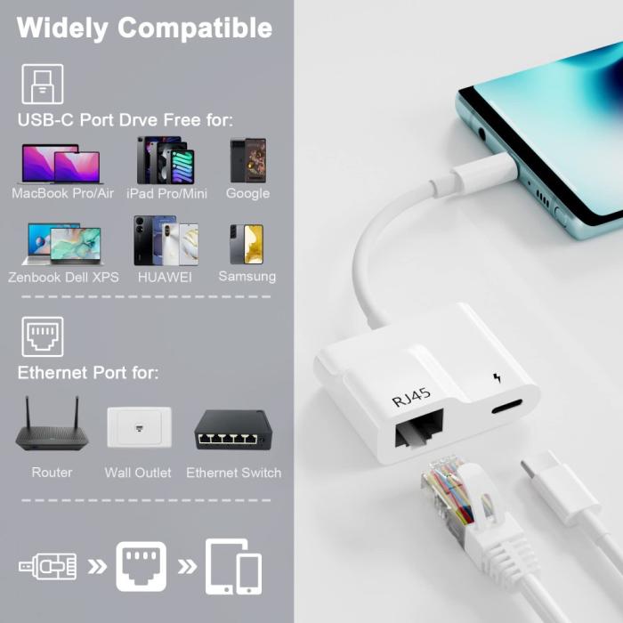 Bild 2,  2in1 60W USB-C Till RJ45 Ethernet Adapter Vit