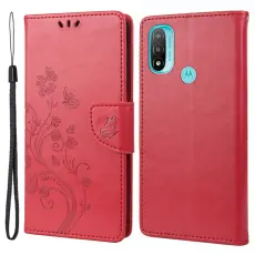  Motorola Moto E20 / E40 Fodral Tryckt Fj&auml;ril Textur R&ouml;d