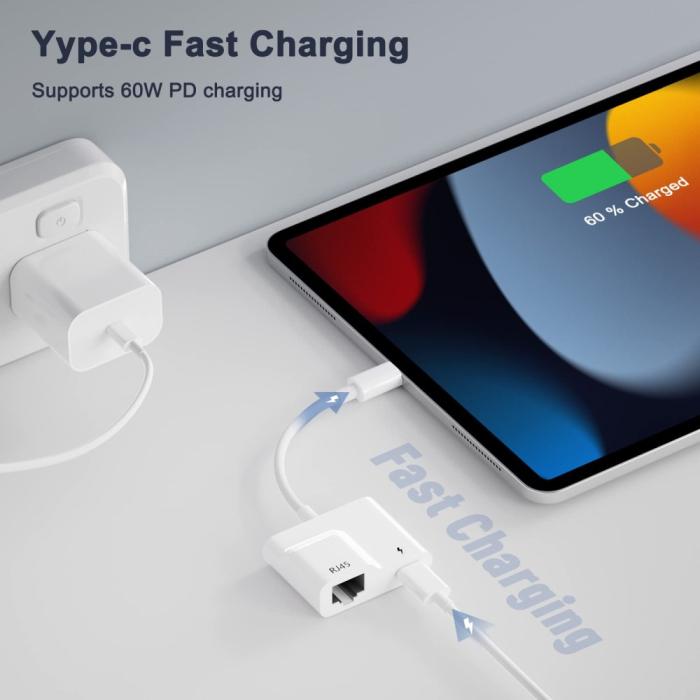 Bild 5,  2in1 60W USB-C Till RJ45 Ethernet Adapter Vit