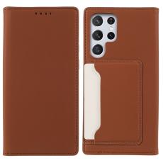  Samsung Galaxy S22 Ultra Fodral Flip L&auml;der Med Kortfack Brun