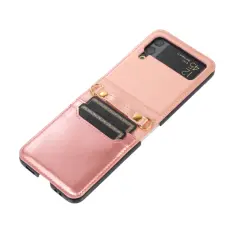  Galaxy Z Flip 3 Skal Solid L&auml;der 2 Kortfack Ros&eacute;guld