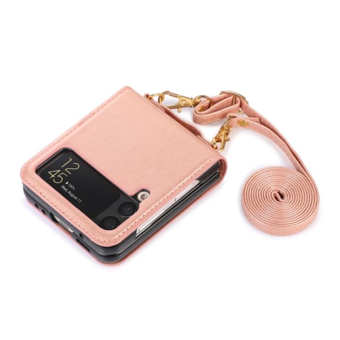 Bild 2,  Galaxy Z Flip 3 Skal Solid Läder 2 Kortfack Roséguld