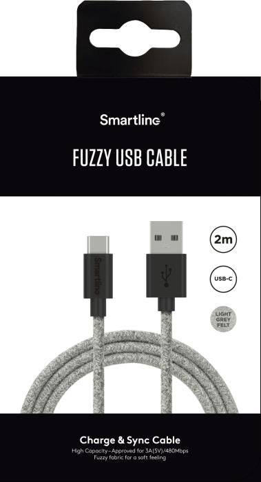 Bild 7, Smartline Smartline 2m 3A USB-C Fuzzy Laddningskabel Grå