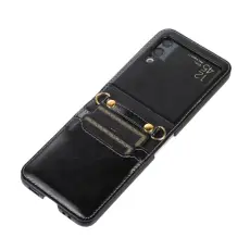  Galaxy Z Flip 3 Skal Solid L&auml;der 2 Kortfack Svart