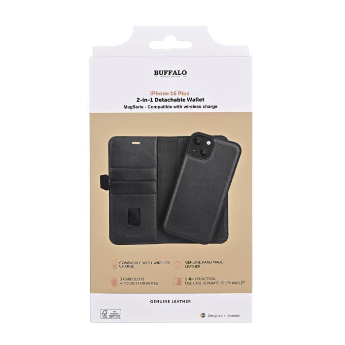 Bild 5, Buffalo Buffalo iPhone 16 Plus Fodral MagSafe 2in1 Äkta Läder Svart