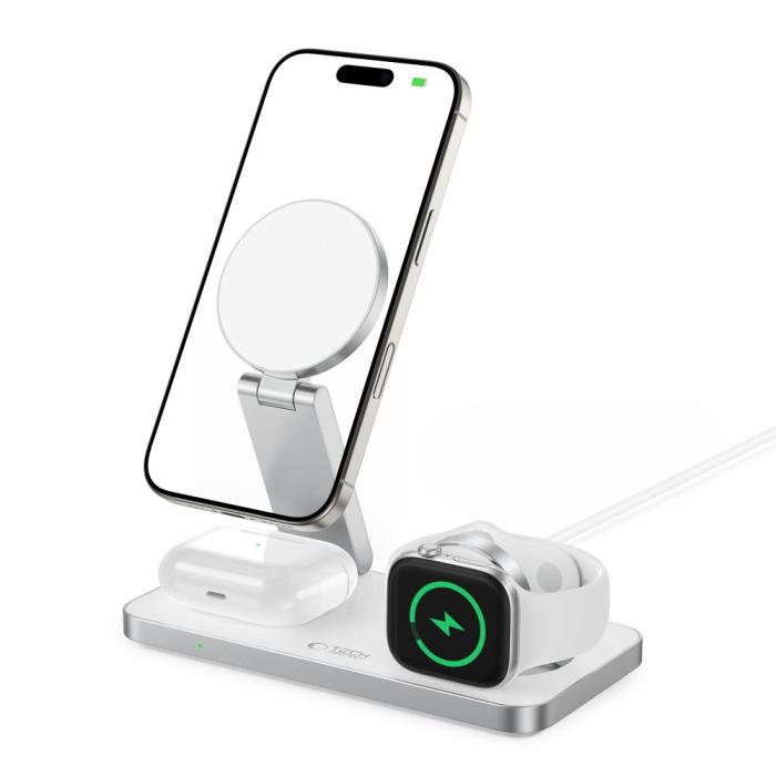 Bild 2, Tech-Protect Tech-Protect 15W Qi Trådlös 3in1 Magnetisk MagSafe Laddare Vit