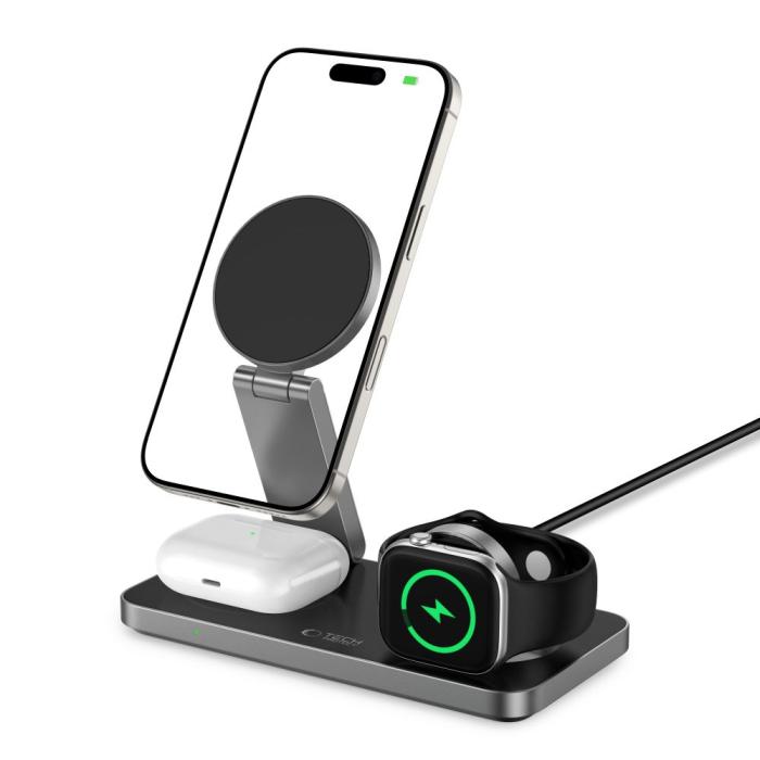 Bild 2, Tech-Protect Tech-Protect 15W Qi Trådlös 3in1 Magnetisk MagSafe Laddare Svart